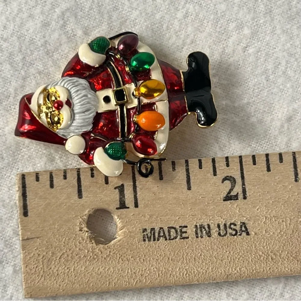 Santa Claus with Lights Christmas Brooch Pin Enameled Holiday Festive